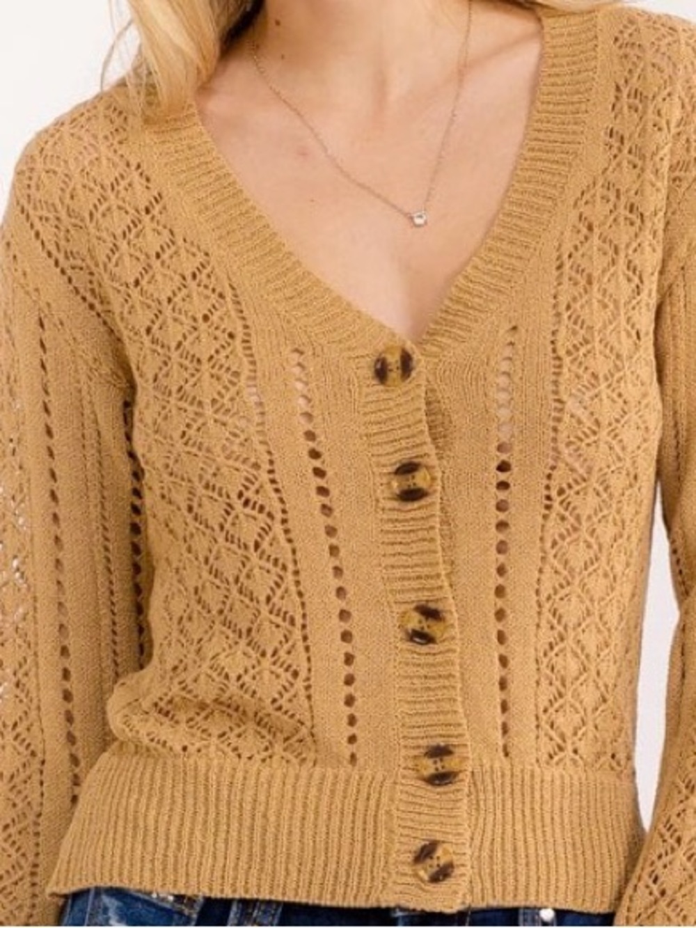 New EB Luxe crochet trim cardigan sweater camel S M L - Picture 3 of 3